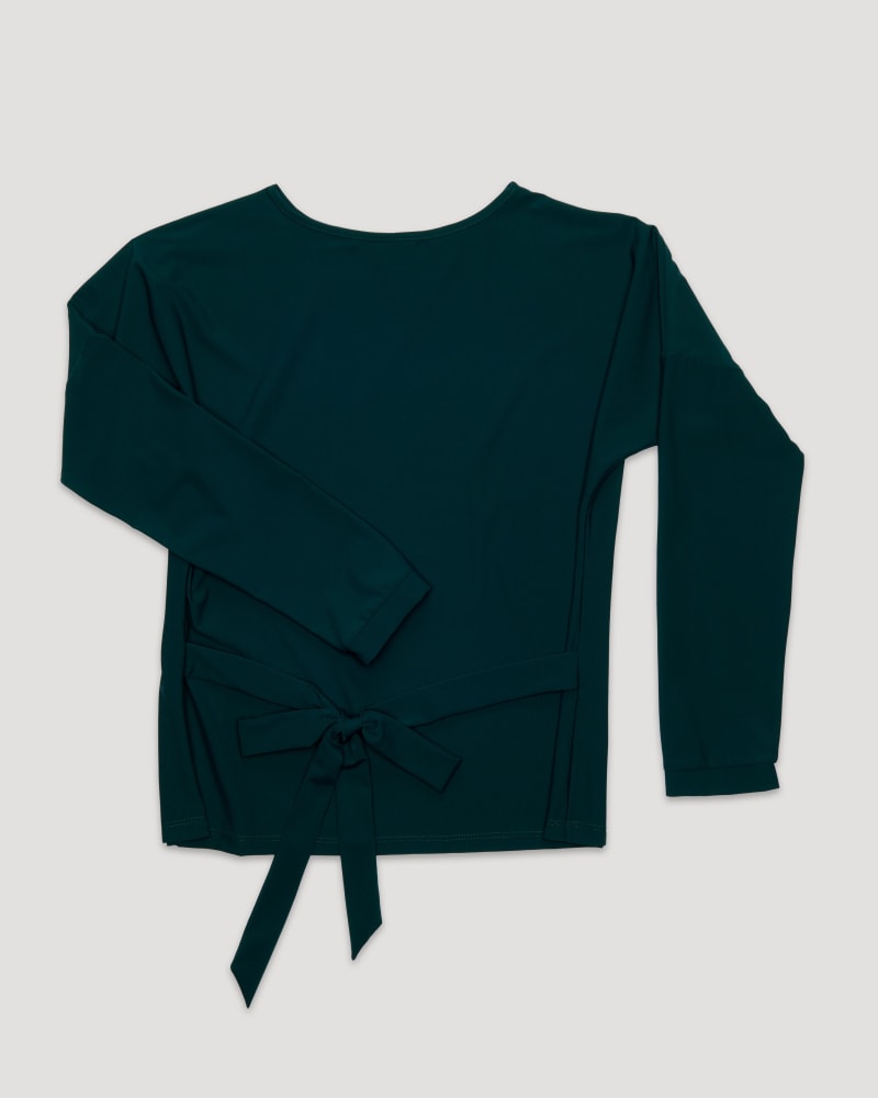 Front of a size L Coraline Long Sleeve Tie Waist Top in Dark Green by Cotidié. | dia_product_style_image_id:299381